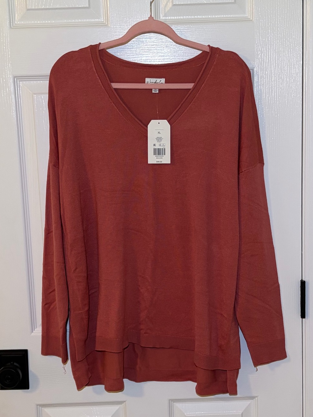 NWT Wonderly Dusty Coral V-Neck Soft Pullover Sweater Tunic Top. Size XL